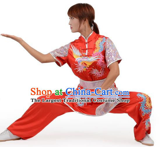 Red Martial Arts Clothing Embroidered Phoenix Performance Clothing Competition Clothing Long Boxing Clothing Practice Clothing For Women, Boys And Children