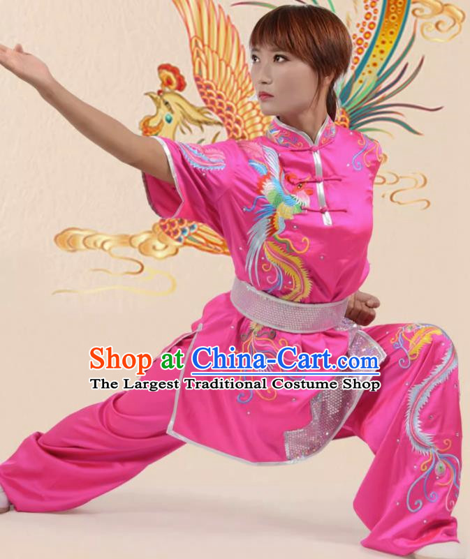 Rose Red Martial Arts Clothing Phoenix Dance Nine Days Embroidered Phoenix Performance Clothing Long Boxing Clothing Practice Clothing Competition Clothing For Women, Boys And Children
