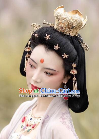 Chinese Ancient Empress Golden Lotus Crown Handmade Song Dynasty Court Woman Headdress Hanfu Hair Jewelries