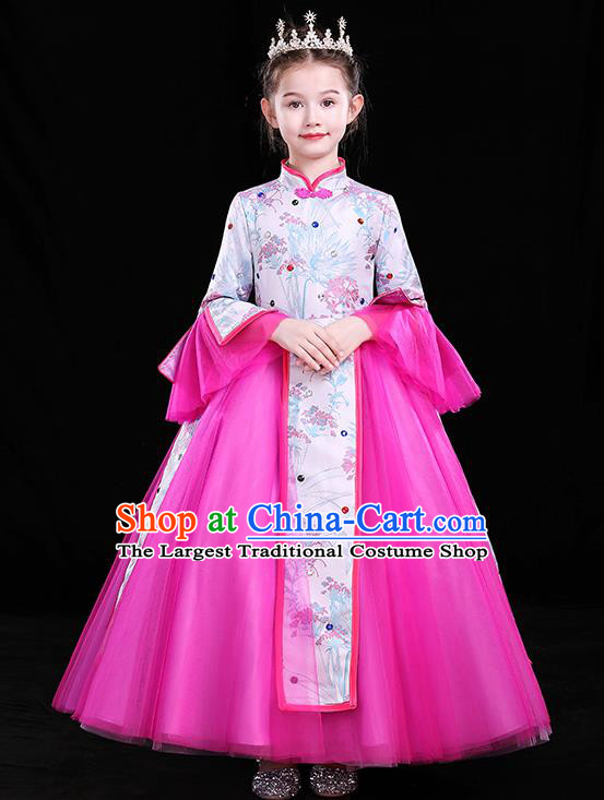 Top Girl Compere Full Dress Catwalks Megenta Veil Costume Children Modern Fancywork Clothing Chinese