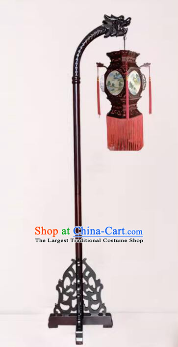 Ancient China Painted Landscape Lantern Wooden Floor Lantern Handmade Standing Palace Lamp