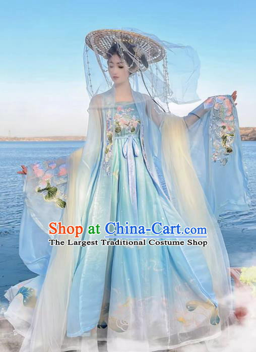 China Tang Dynasty Young Woman Clothing Traditional Hanfu Blue Hezi Dress Ancient Goddess Costumes