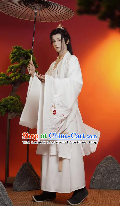China Ancient Young Childe Costumes Ming Dynasty Scholar Clothing TV Series Swordsman White Hanfu Outfit