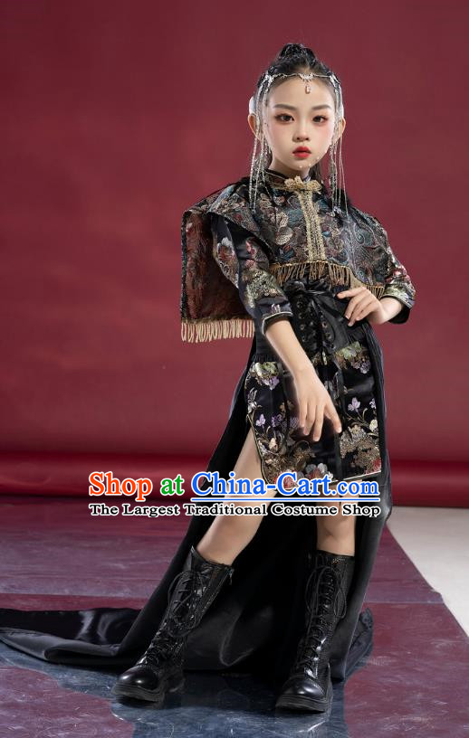 Girls Model National Trend Trailing Cheongsam Children Chinese Style T Stage Catwalk Dress Guqin Test Grade Performance Clothing