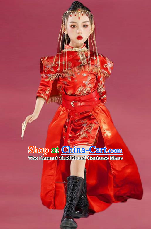 Girls Cheongsam Chinese Trend Clothing National Tide Catwalk Dress Skirt Suit Red Model Costumes Children Republic Of China Style