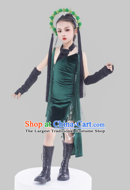 Girls Dark Green Cheongsam Suit Beijing Opera Elements Chinese Style Republic Of China Style Children Dress Catwalk