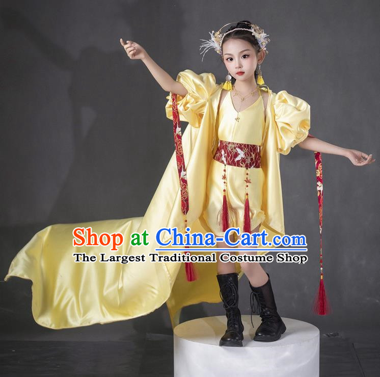 Girls Yellow Twenty Four Solar Terms Awakening Of Insects Dress Chinese Style Suit T Stage Show Catwalk Competition Suit