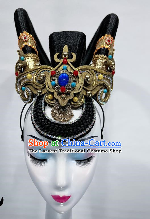 Dunhuang Feitian Art Test Performance Chinese Classical Dance Headdress Wig Double Ring Hair Bun Rebound Pipa Dance Headdress
