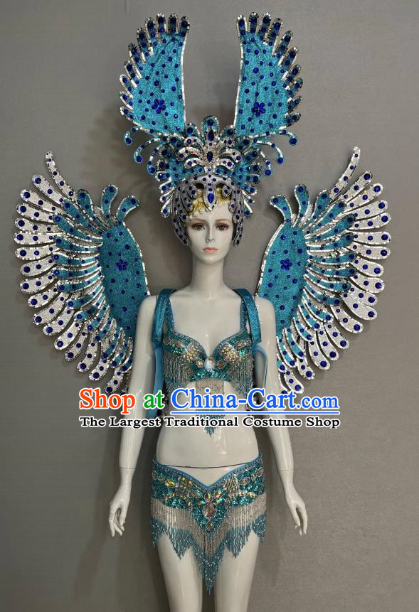 Blue Opening Dance Show Feather Headdress Dance Team Samba Costumes Mardi Gras Halloween