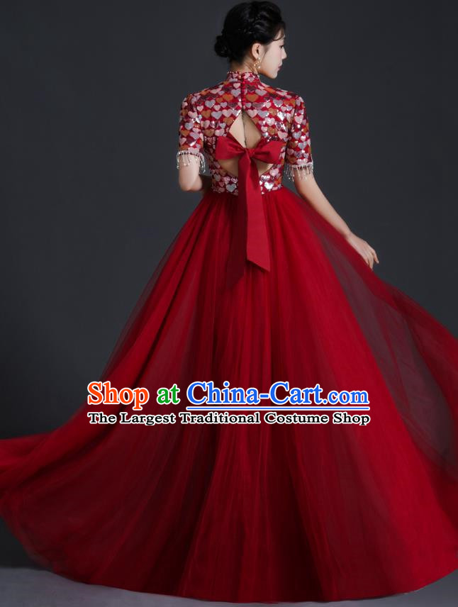 Chinese Bride Wedding Toast Dress Cheongsam Heavy Industry Long Section Noble Banquet Stage Catwalk Costume Sequins