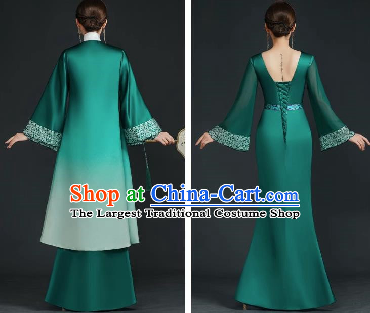 China Style Top Catwalk Evening Dress Trailing Long Model Team Stage Performance Clothing Art Test Dress Green