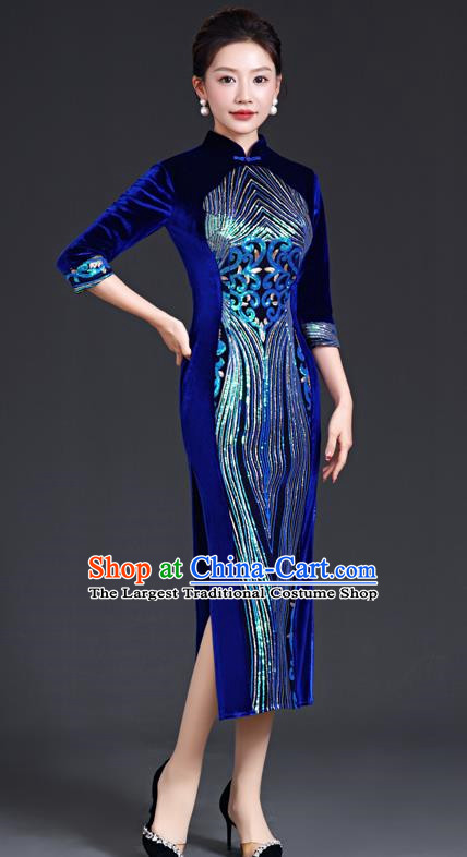 Chinese Style Sapphire Blue Catwalk Cheongsam Long Three Quarter Sleeve Velvet Mother Model Team Costume