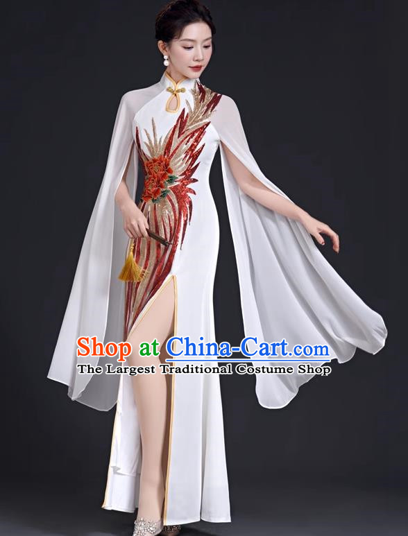 Chinese Style Top Evening Dress Mermaid Long Model Team Stage Catwalk Costume Cheongsam White