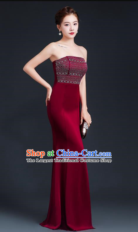 Sexy Wine Red Banquet Tube Top Evening Dress Women High Level Fishtail Dress Skirt
