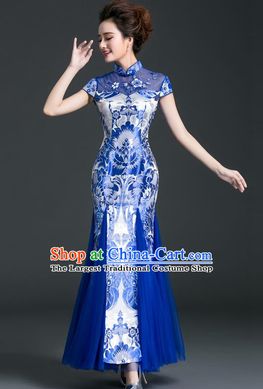 Chinese Style Cheongsam Evening Dress Long Fishtail Self Cultivation Annual Meeting Model Catwalk Costume Blue And White Porcelain