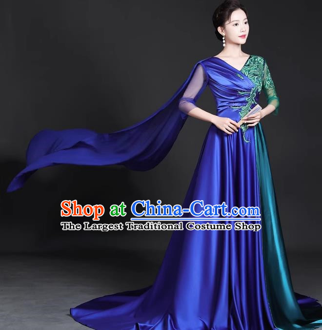 Chinese Style Top Trailing Evening Dress Model Catwalk Cheongsam Performance Costume Guzheng Playing Host Dress Blue
