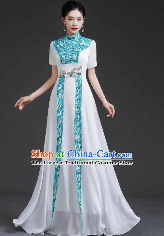 Chinese Style Top Retro Banquet Evening Dress Long White Large Chorus Model Catwalk Costume Chiffon Skirt