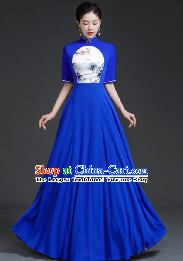 Top Chinese Style Model Catwalk Performance Costume Long Annual Meeting Evening Dress Blue Dress