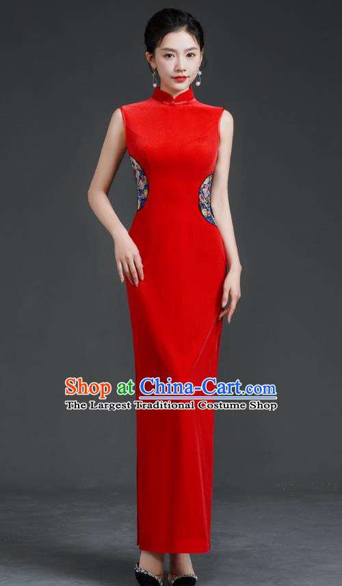 Top Long Catwalk Cheongsam Red Velvet Mother Dress Wedding Dress Model Team Stage Costume