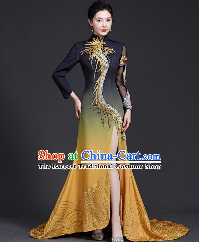 Chinese Style Top Banquet Evening Dress Trailing Long Stage Model Catwalk Cheongsam Costume Fishtail Slit