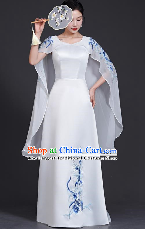 Top Chinese Style Blue And White Porcelain Cheongsam Adult Guzheng Performance Clothing Elegant Model Catwalk White Dress