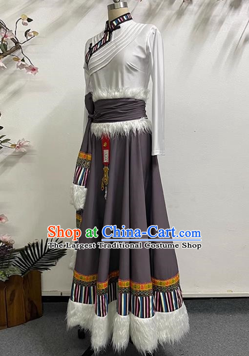 White Brown Tibetan Dance Women Large Swing Skirt Tibetan Clothing Minority Practice Clothing Art Test Practice Performance Clothing