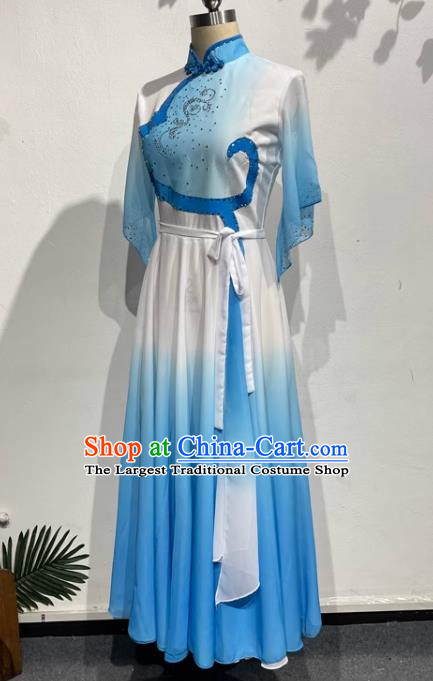 Blue Dance Students Such As Summer Flowers with Dress Fan Dance Practice Skills Examination Jiaozhou Yangko Dance Costumes Performance Costumes