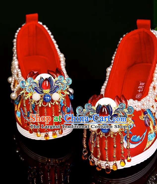 Ming Xiuhe Wedding Shoes Wedding Embroidered Shoes With Heightened Women Red Hanfu Handmade Beading