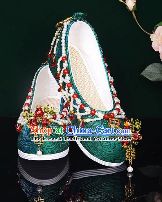 Handmade Beaded Hanfu Shoes Women Inner Increase High School Heel Cloth Shoes Ancient Costume Xiuhe Wedding Shoes Green