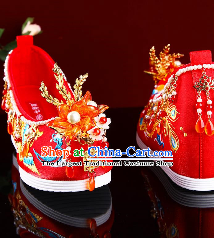 Embroidered Shoes Fengguan Xiapei Xiuhe Wedding Shoes Women Wedding Banquet Is Red Inner Height Increase Handmade