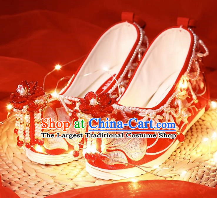 Xiuhe Wedding Shoes Red Beaded Tassel Chinese Style Embroidered Wedding Shoes Women