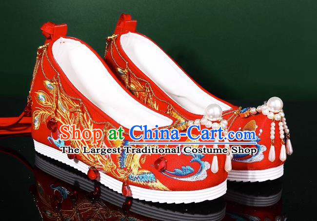 Hanfu Wedding Shoes Women Bow Shoes Xiuhe Shoes Are Red Beaded Tassel Chinese Wedding Shoes Embroidered Phoenix