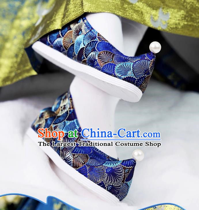 Warped Head Ancient Style Hanfu Shoes Women Inner Height Increase Woven Gold Pearl Cloth Shoes