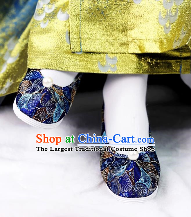 Warped Head Ancient Style Hanfu Shoes Women Inner Height Increase Woven Gold Pearl Cloth Shoes