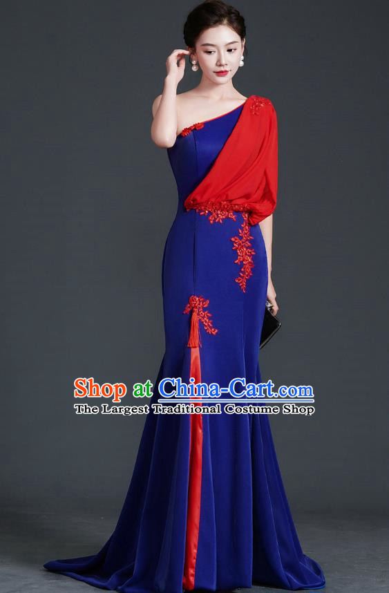 Chinese Design Evening Dress Trailing Fishtail Self Cultivation Stage Chorus Catwalk Performance Clothing One Shoulder