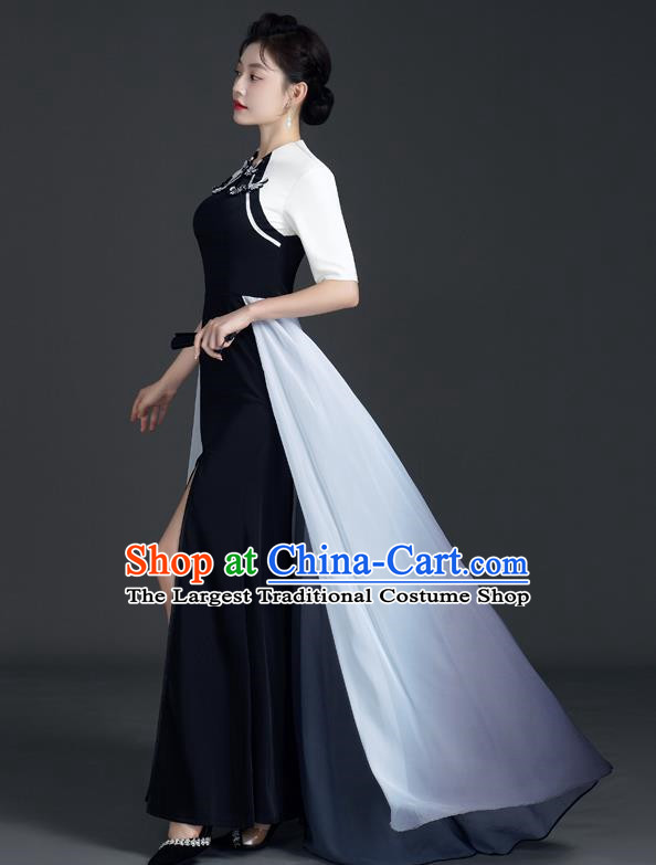Chinese Design Black Fishtail Slit Dress Cheongsam Model Team Catwalk High End Temperament Costumes