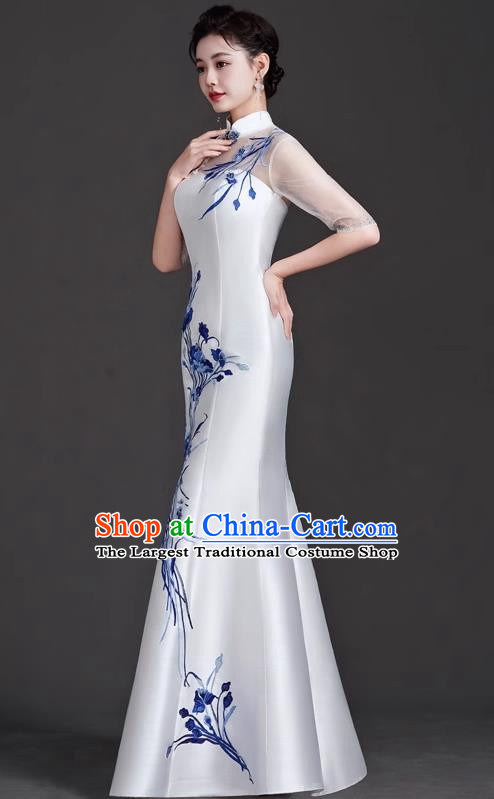 Chinese Design Cheongsam Evening Dress Elegant High End Catwalk Mermaid Retro Host Costume Blue And White Porcelain