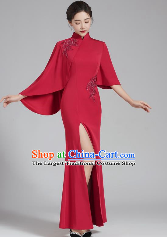 High End Fishtail Slit Banquet Evening Dress Wine Red Wedding Toast Clothing Model Dance Performance Clothing