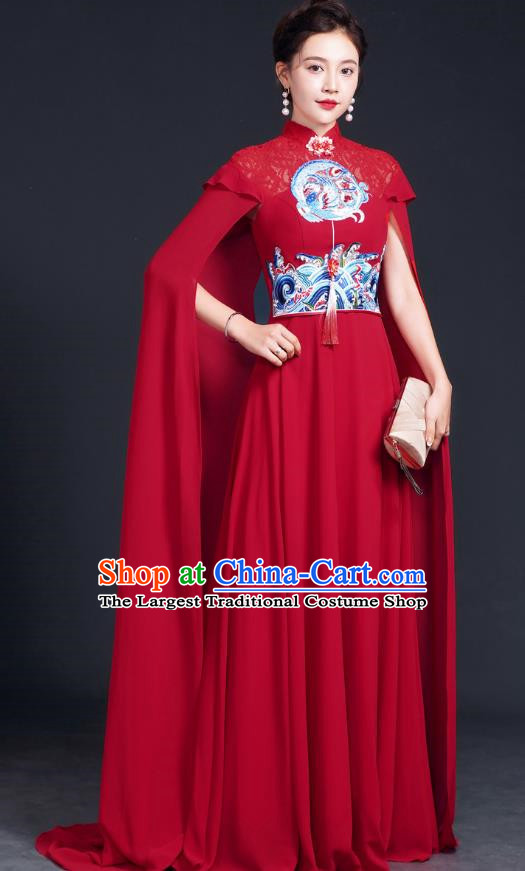 Improved Catwalk Cheongsam Long Section Chinese Red Costume Big Cape Fairy Skirt Model Choir