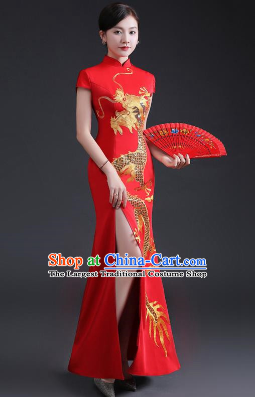 Chinese Design Improved Cheongsam Fishtail Long Model Dignified Atmosphere Etiquette Special Team Catwalk Show Costume Red