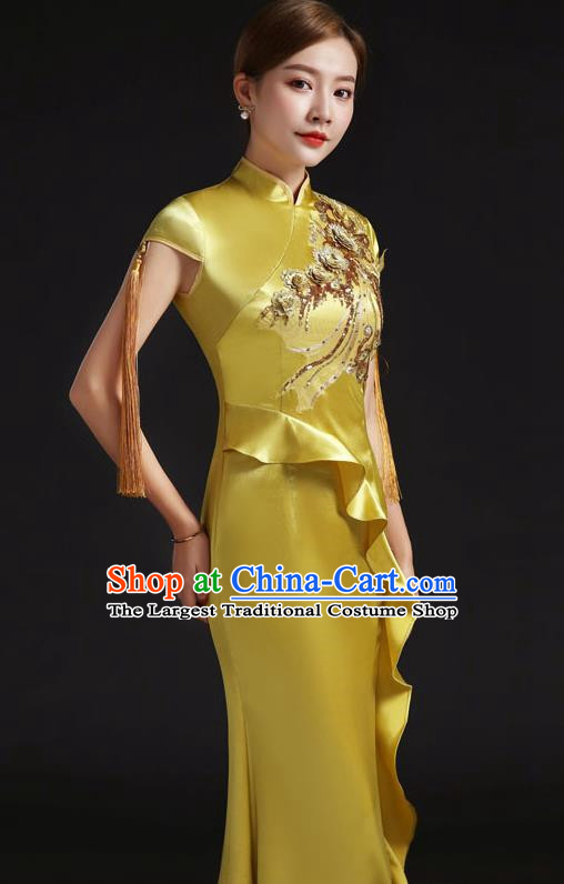 Chinese Design Improved Evening Dress Fishtail Chinese Design Stage Performance Costume Annual Meeting Host Model Catwalk Cheongsam Tassel