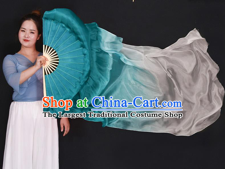 China Yangko Dance Competition Long Ribbon Fan Classical Dance Folding Fan Handmade Mint Green Pure Silk Fan