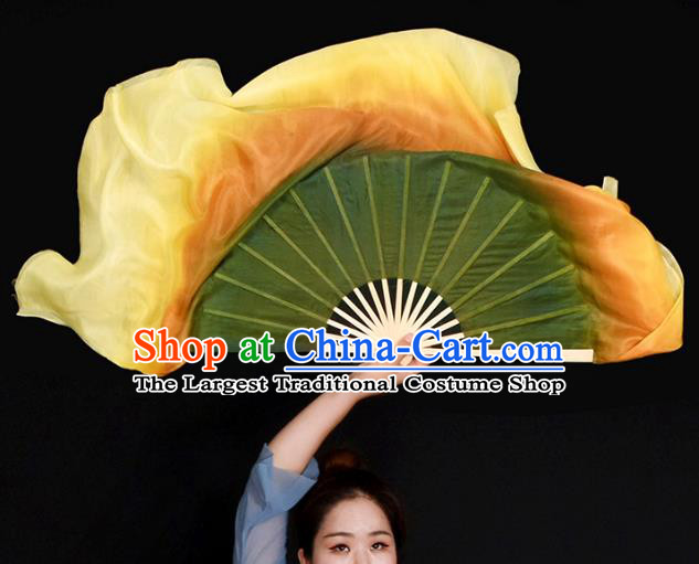 Handmade Gradient Olive Green to Yellow Pure Silk Fan China Yangko Dance Competition Ribbon Fan Classical Dance Folding Fan