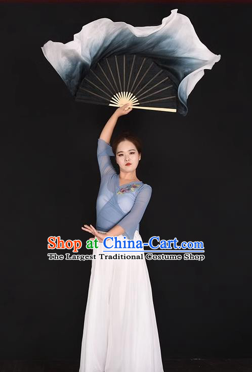 Women Group Dance Fan China Handmade Pure Silk Fan Yangko Dance Black Fan Classical Dance Ribbon Fan