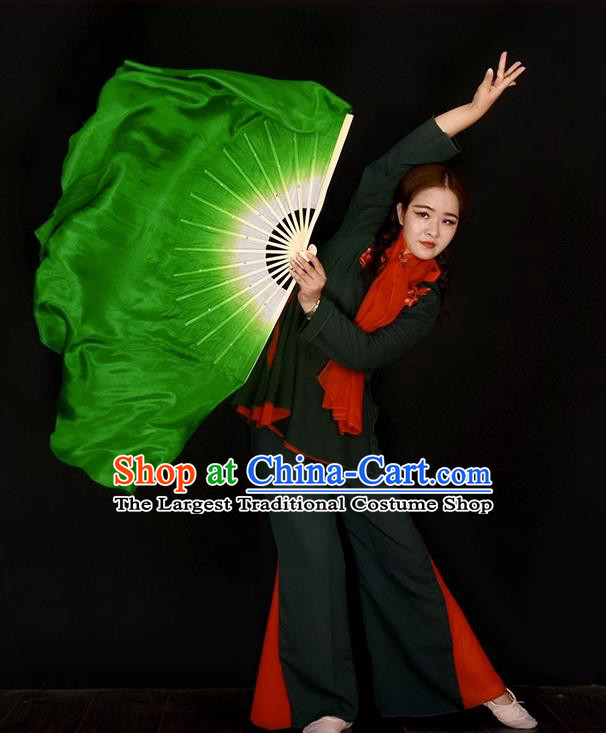 China Handmade Pure Silk Fan Yangko Dance Fan Classical Dance Green Ribbon Fan Women Group Dance Fan