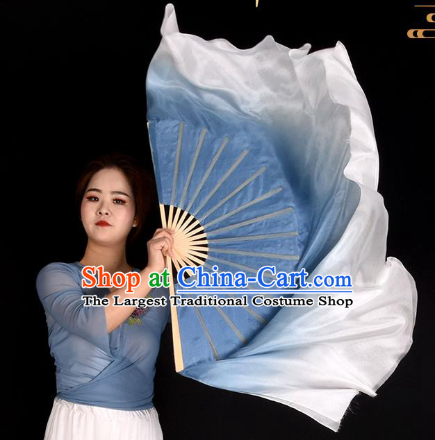 China Classical Dance Gradient Blue to White Ribbon Fan Women Group Dance Fan Handmade Pure Silk Fan Yangko Dance Fan