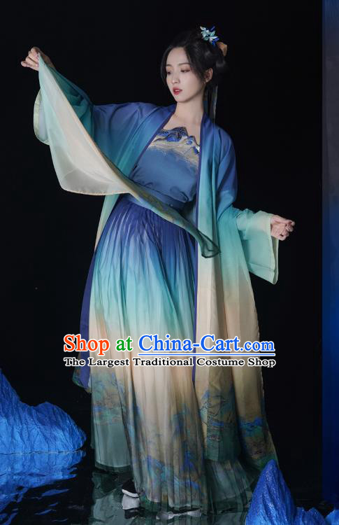 Traditional Woman Hanfu Set China Song Dynasty Young Lady Blue Dresses Ancient Royal Princess Costumes