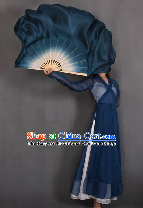 China Yangko Dance Dark Blue Fan Handmade Stage Performance Silk Fan Classical Dance Butterfly Lovers Ribbon Fan