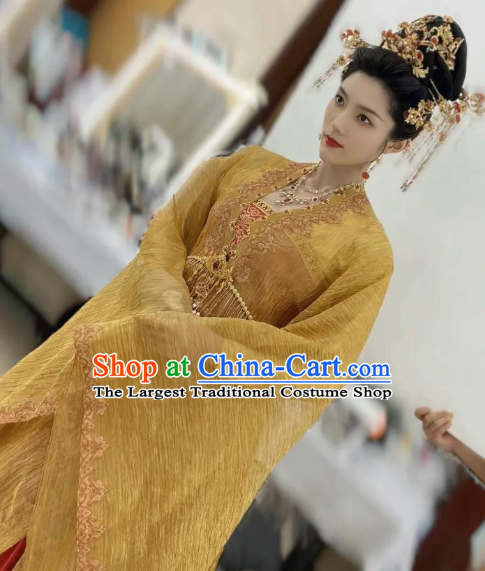China Ancient Queen Golden Dresses Traditional Hanfu Empress Costumes Romantic TV Series New Life Begins Shangguan Yan Clothing
