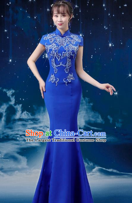 Blue Choir Costumes Femininity Stage Performance Costumes Conductor Catwalk Cheongsam Skirt Fishtail Blue and White Porcelain Dress